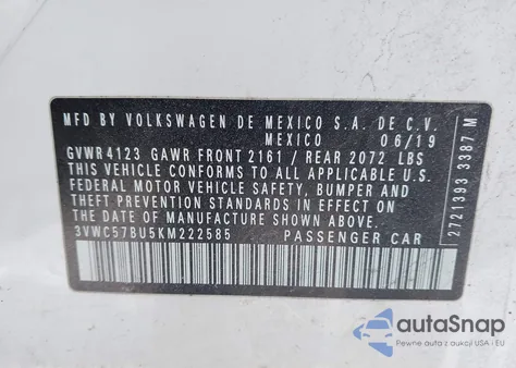 2019 Volkswagen Jetta 1.4T R-Line/1.4T S/1.4T Se из США, поврежденный, VIN 3VWC57BU5KM222585